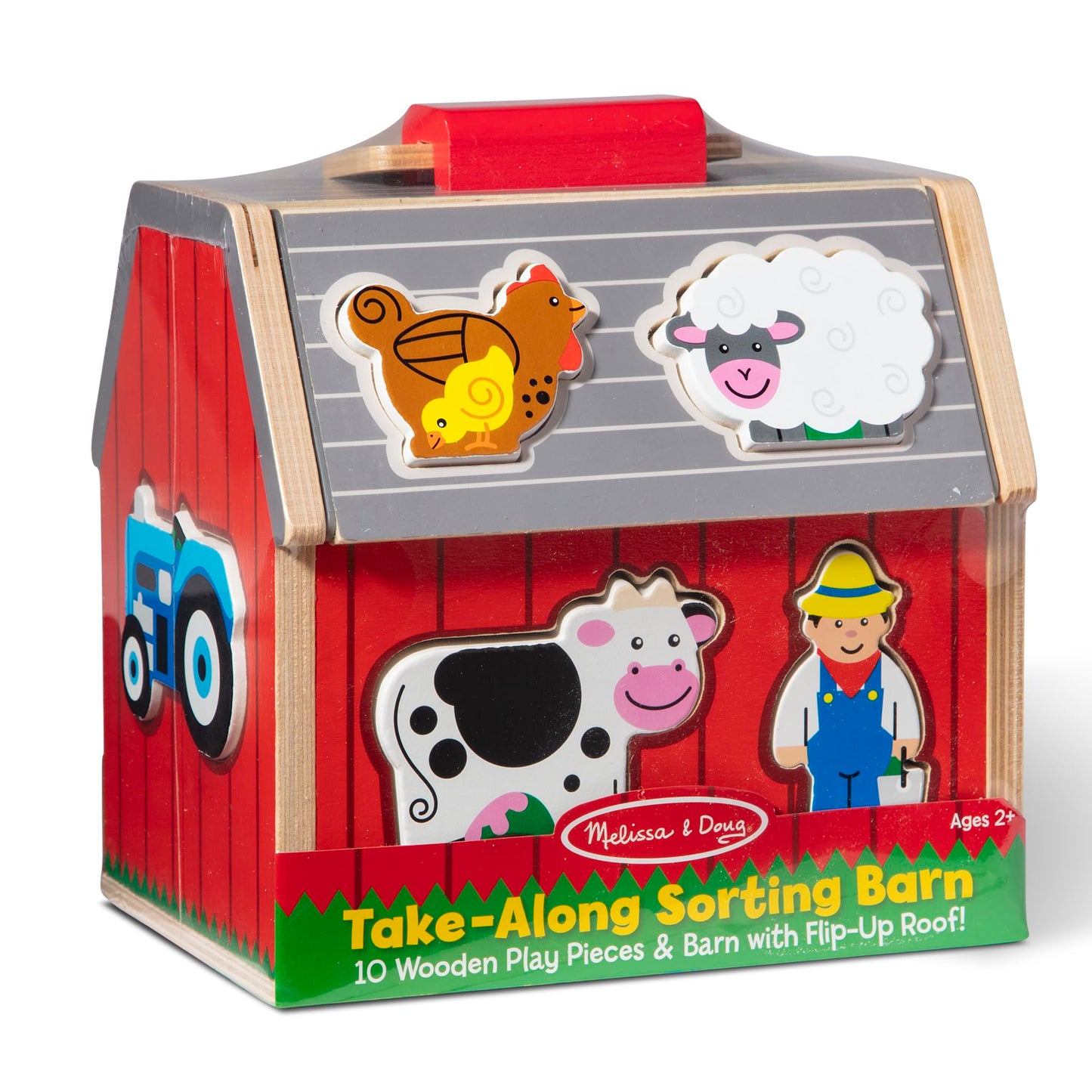 Melissa & Doug Take-Along Wooden Barn – 11-Pc Portable Farm Playset with Pop-Up Roof