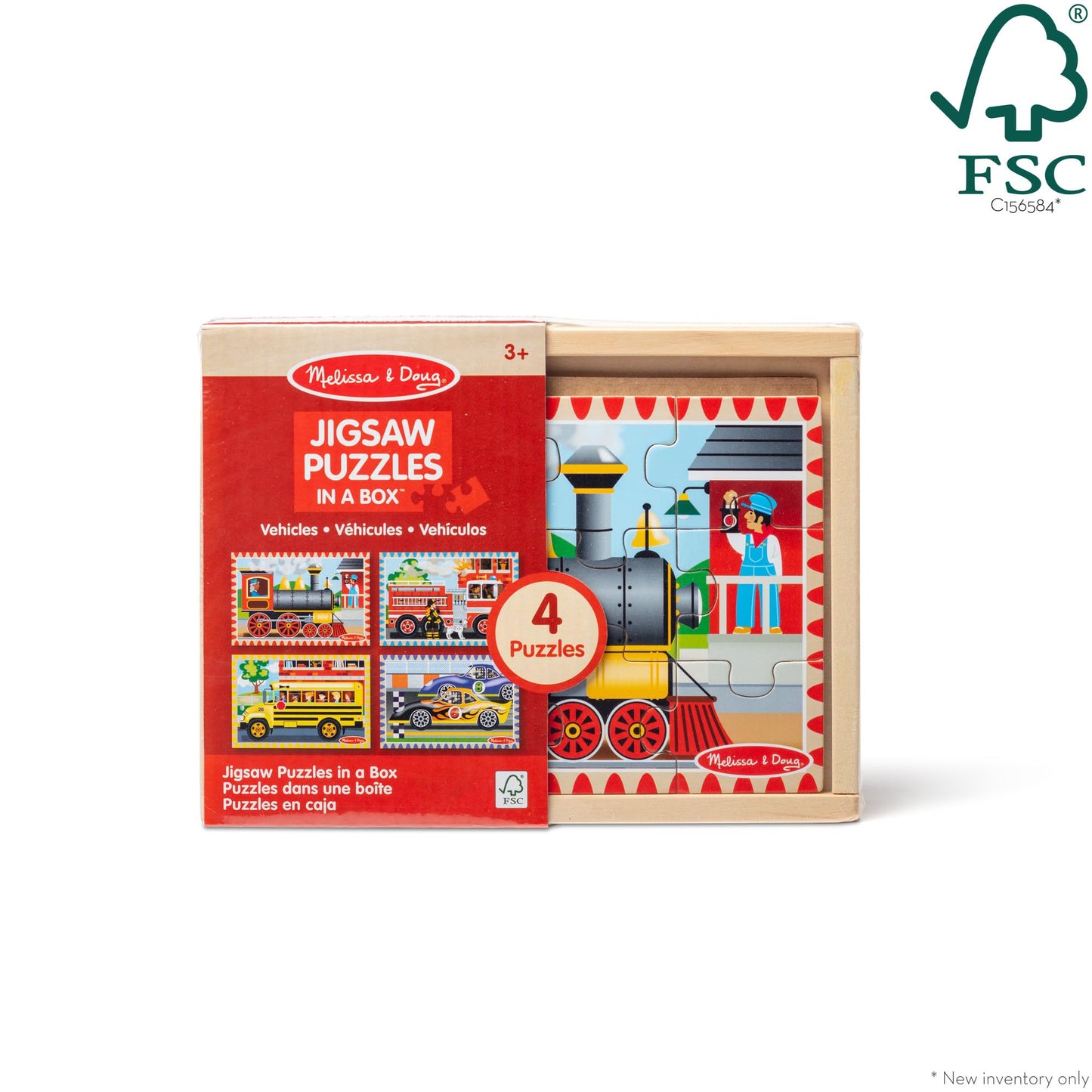 Melissa & Doug 4-in-1 Wooden Vehicle Puzzle Set – 48 Pieces, FSC Certified, Storage Box, Ages 3+