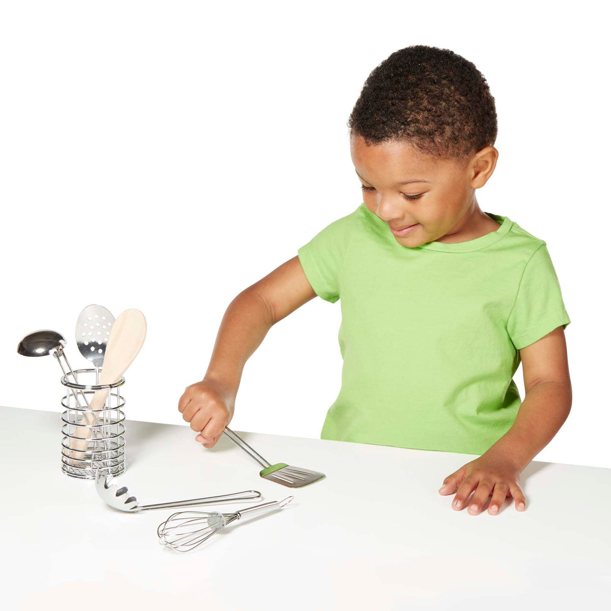 Melissa & Doug Stir & Serve 7-Piece Utensils Set — Stainless Steel & Wood