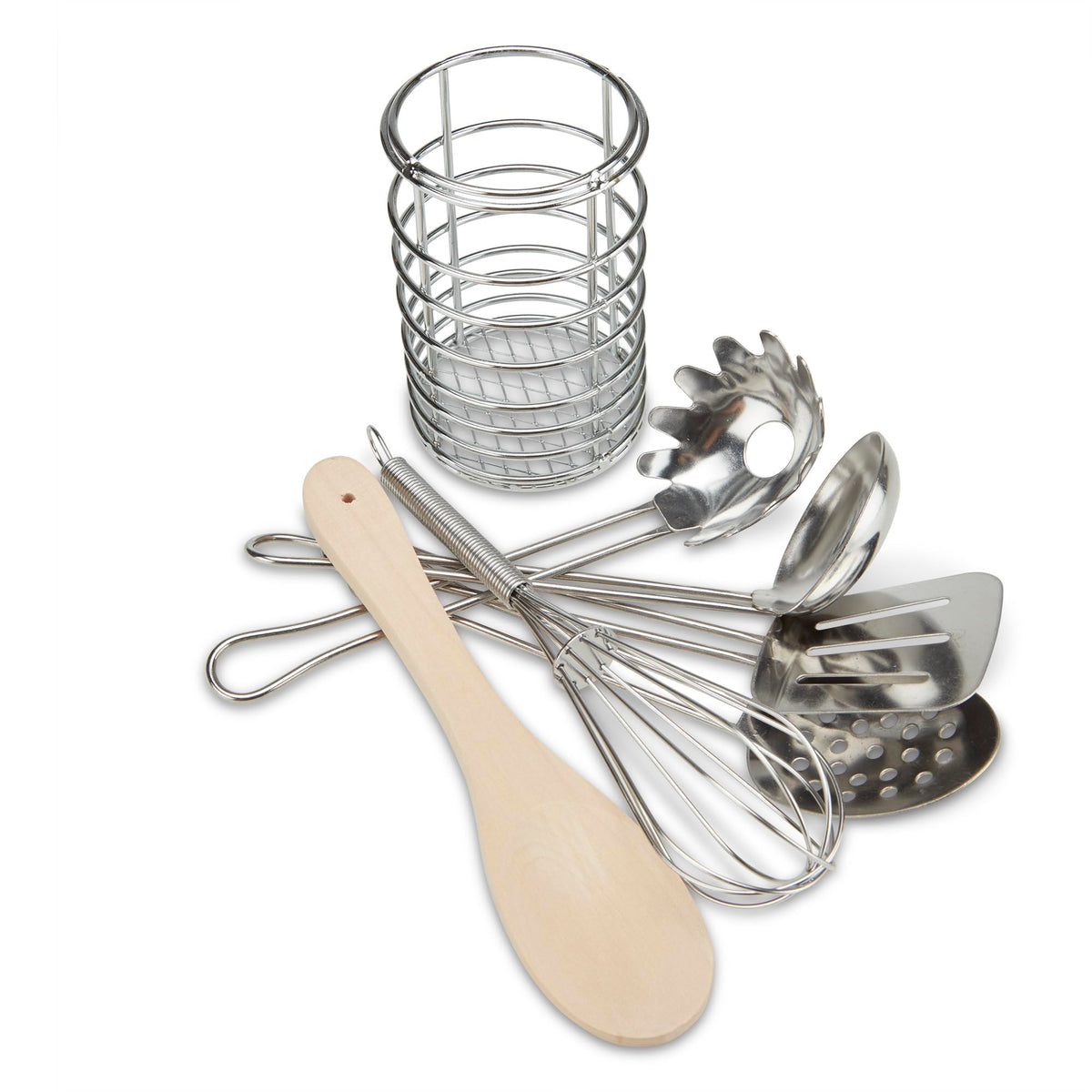 Melissa & Doug Stir & Serve 7-Piece Utensils Set — Stainless Steel & Wood