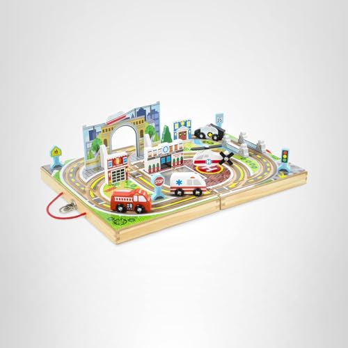 Melissa & Doug 18-Piece Wooden Take-Along Tabletop Town with 4 Rescue Vehicles, Bridge & Monorail