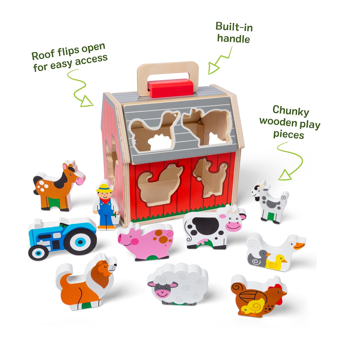 Melissa & Doug Take-Along Wooden Barn – 11-Pc Portable Farm Playset with Pop-Up Roof
