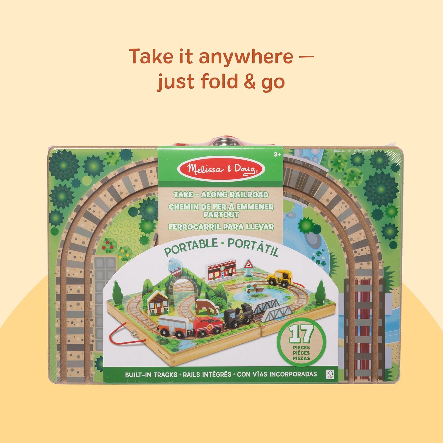 Melissa & Doug Take-Along Railroad Tabletop Playset – Portable Wooden Train Toys, Animals & Scenery (FSC Certified)