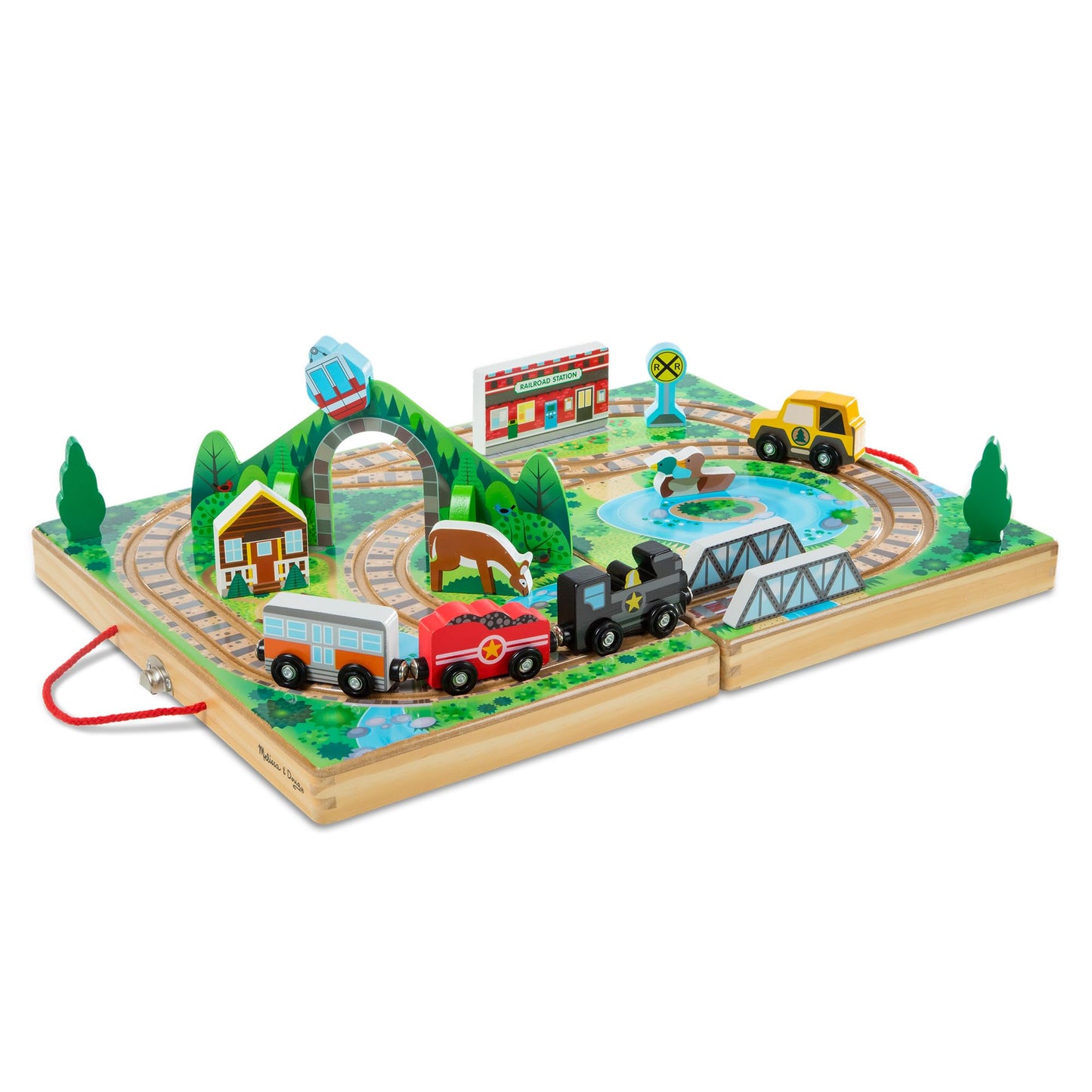 Melissa & Doug Take-Along Railroad Tabletop Playset – Portable Wooden Train Toys, Animals & Scenery (FSC Certified)