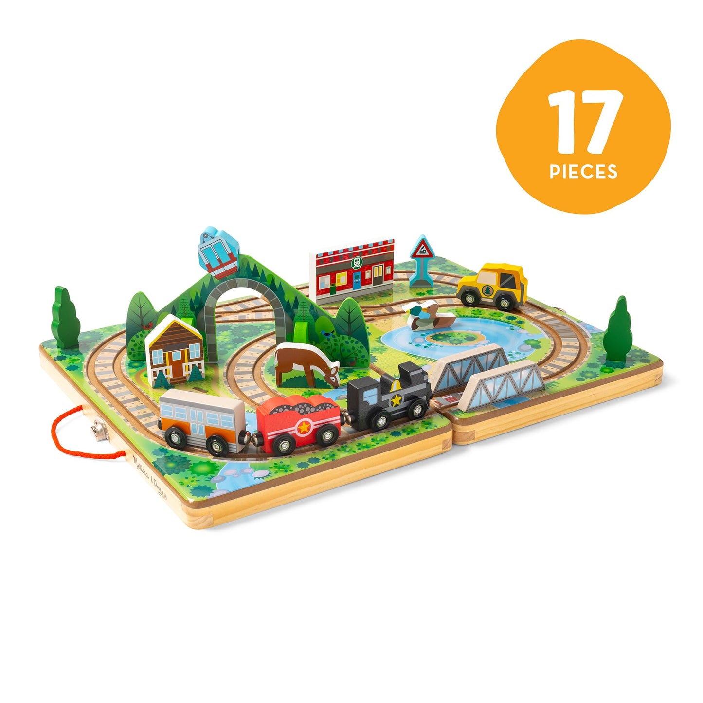 Melissa & Doug Take-Along Railroad Tabletop Playset – Portable Wooden Train Toys, Animals & Scenery (FSC Certified)