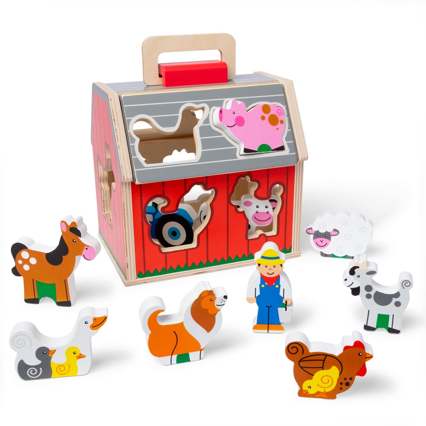 Melissa & Doug Take-Along Wooden Barn – 11-Pc Portable Farm Playset with Pop-Up Roof