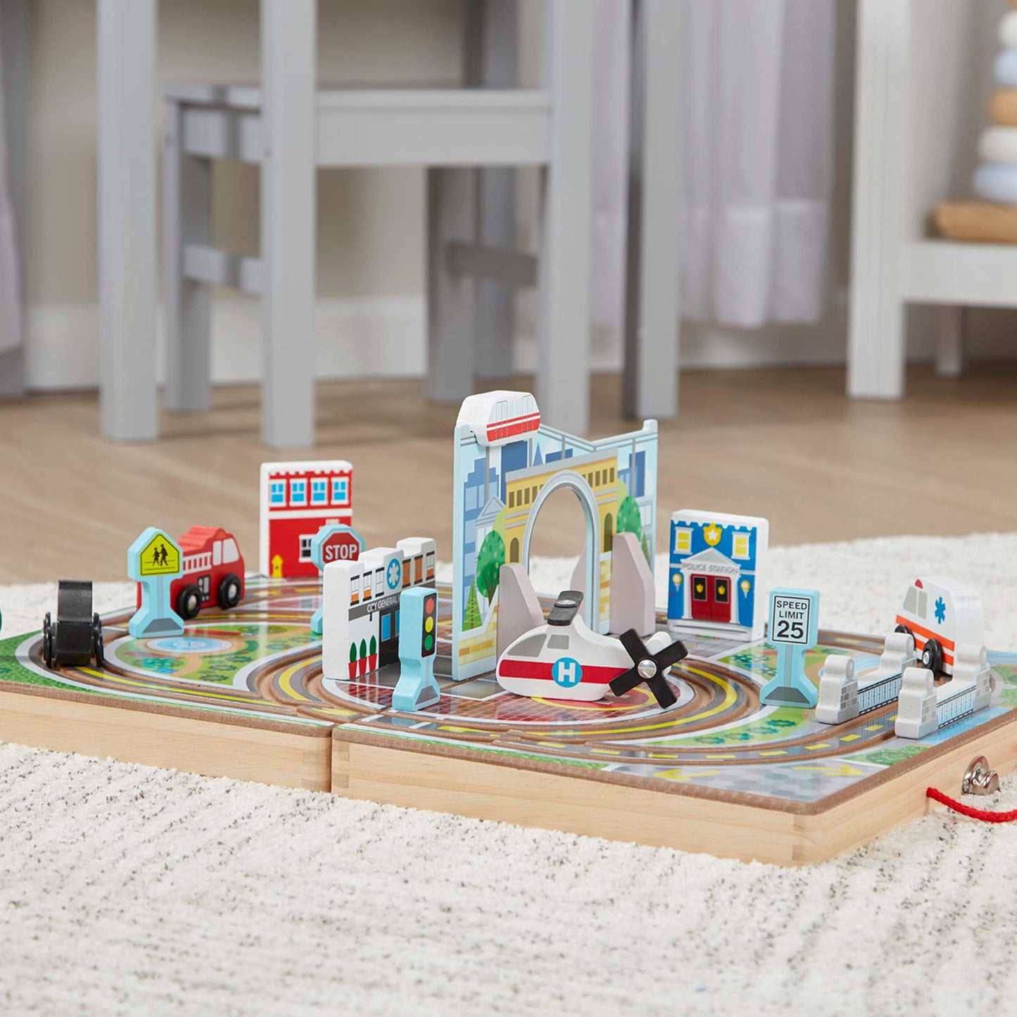 Melissa & Doug 18-Piece Wooden Take-Along Tabletop Town with 4 Rescue Vehicles, Bridge & Monorail