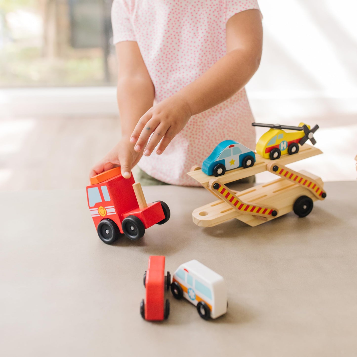 Melissa & Doug Emergency Vehicle Carrier Truck with 4 Rescue Vehicles | Wooden Playset