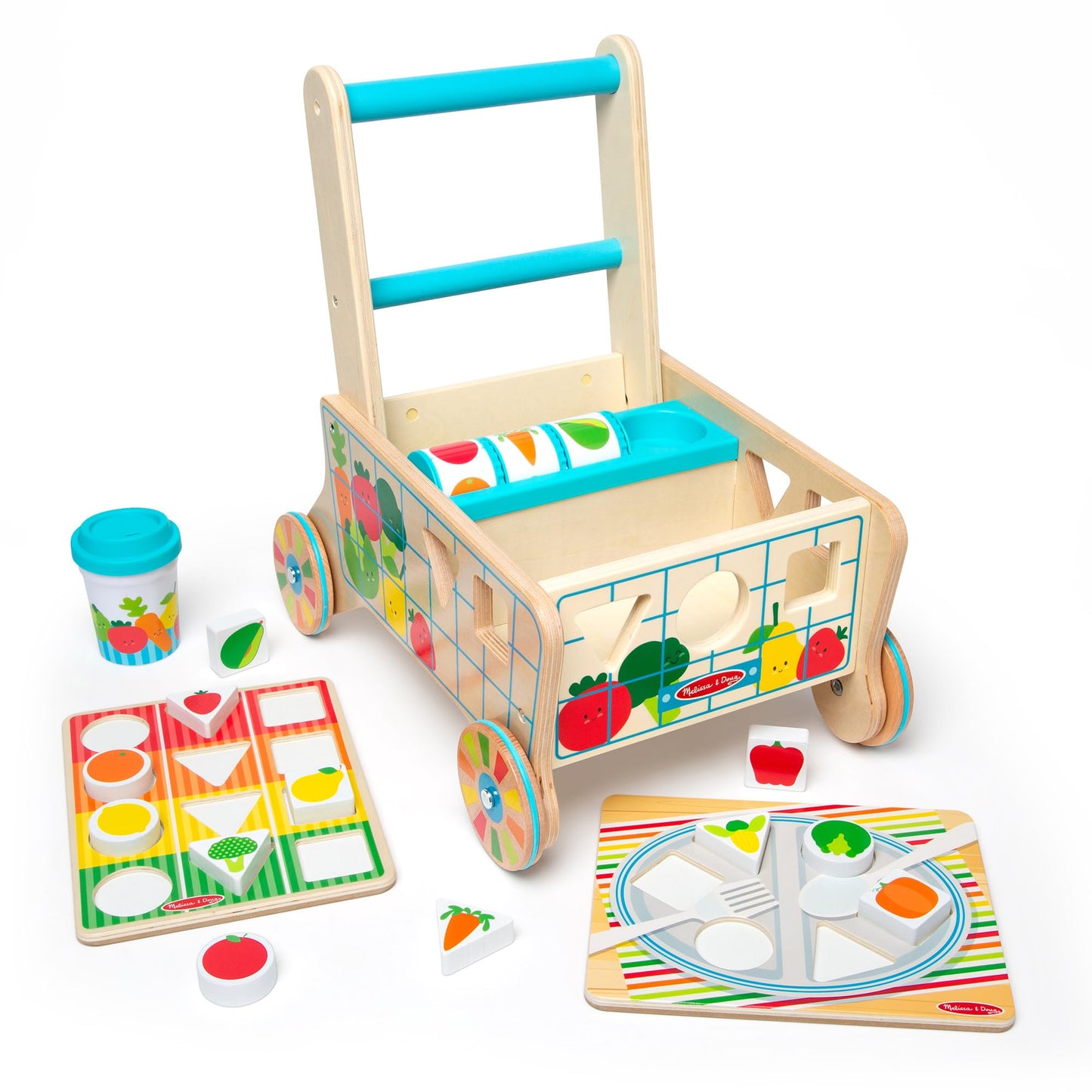 Melissa & Doug Wooden Shape Sorting Grocery Cart Push Toy – FSC-Certified, Pretend Play for Toddlers