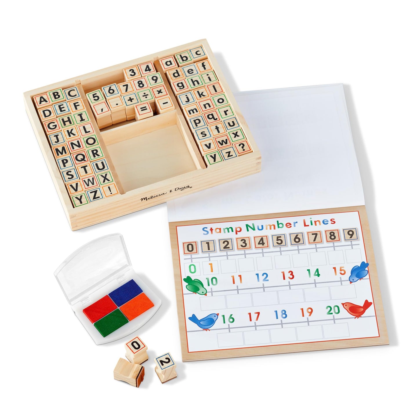 Melissa & Doug Deluxe Wooden Stamp Set – ABCs & 123s, 71 Stamps, 25-Page Activity Book