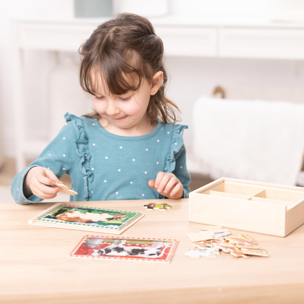 Melissa & Doug 4-in-1 Wooden Farm Jigsaw Puzzle Set – 48 Pieces with Storage Box (Ages 3+)