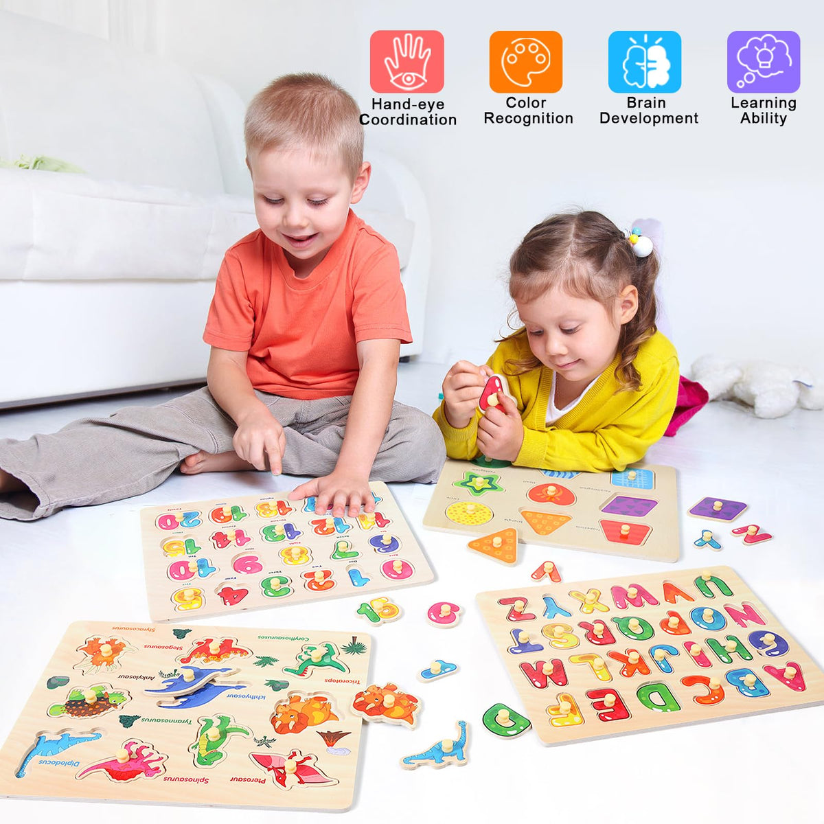 Melofaver Montessori Wooden Peg Puzzles – 4-Piece Toddler Learning Set (Shapes, Alphabet, Numbers, Dinosaur)