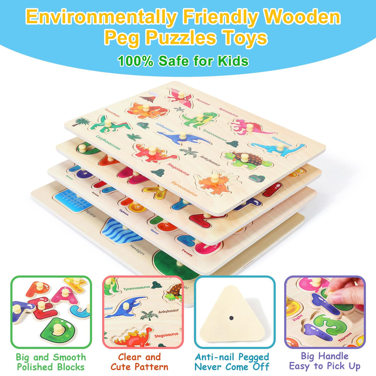 Melofaver Montessori Wooden Peg Puzzles – 4-Piece Toddler Learning Set (Shapes, Alphabet, Numbers, Dinosaur)