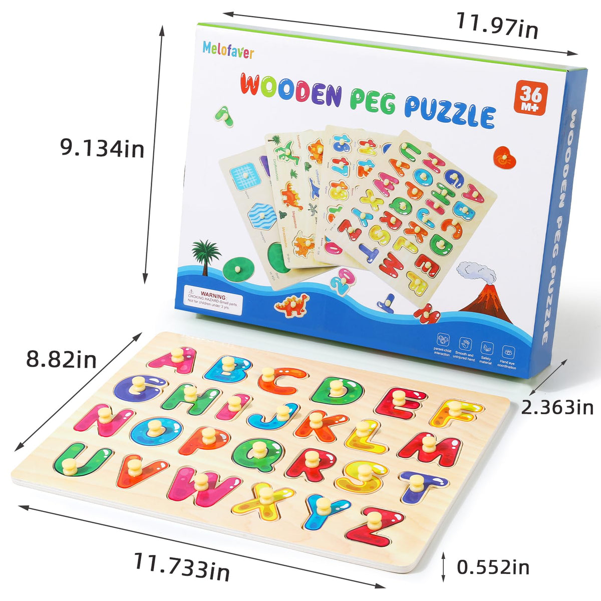 Melofaver Montessori Wooden Peg Puzzles – 4-Piece Toddler Learning Set (Shapes, Alphabet, Numbers, Dinosaur)
