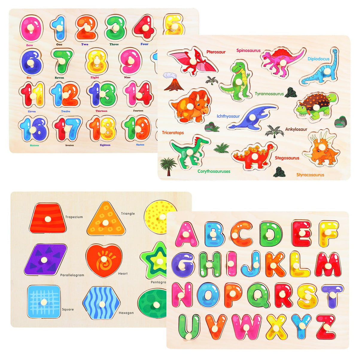 Melofaver Montessori Wooden Peg Puzzles – 4-Piece Toddler Learning Set (Shapes, Alphabet, Numbers, Dinosaur)