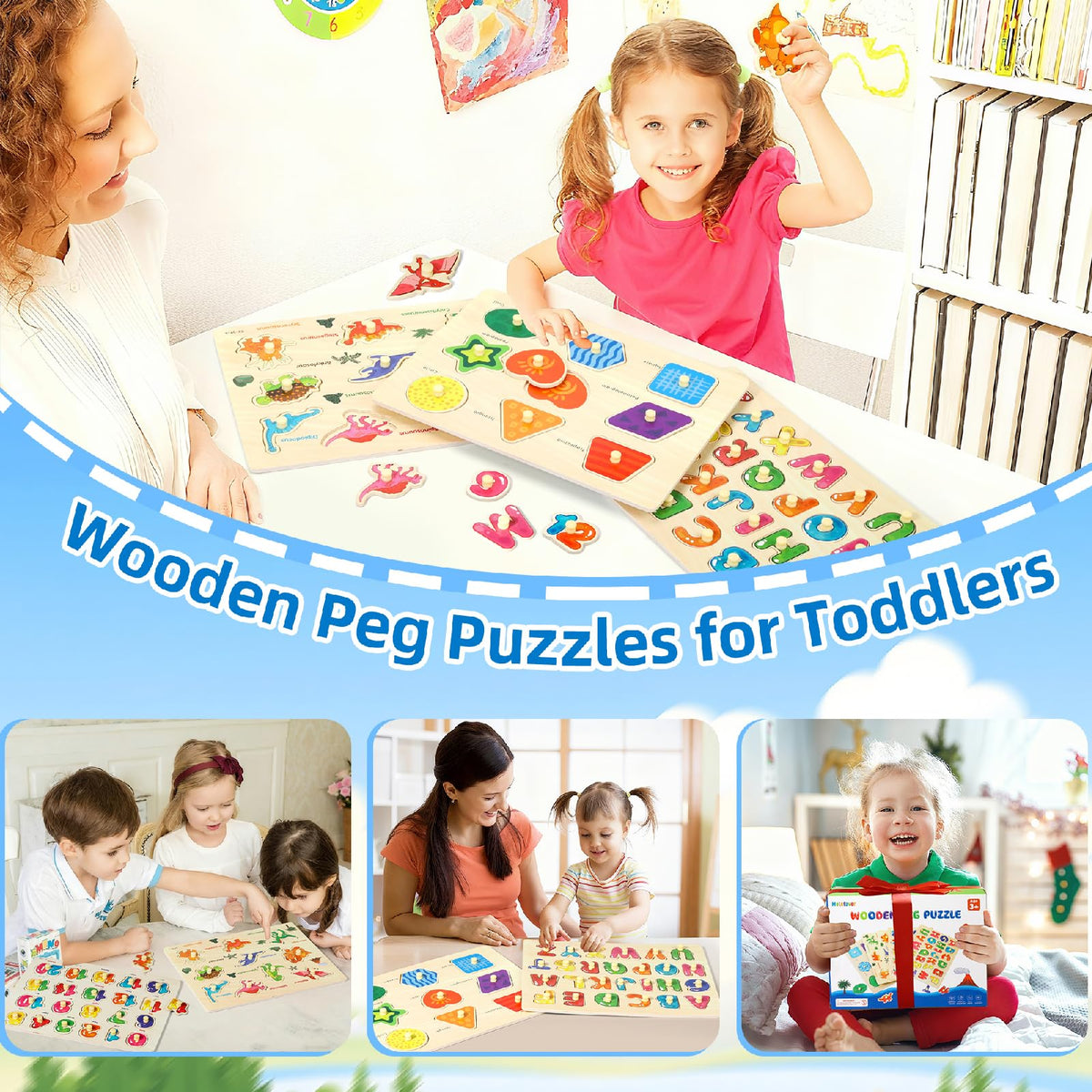 Melofaver Montessori Wooden Peg Puzzles – 4-Piece Toddler Learning Set (Shapes, Alphabet, Numbers, Dinosaur)