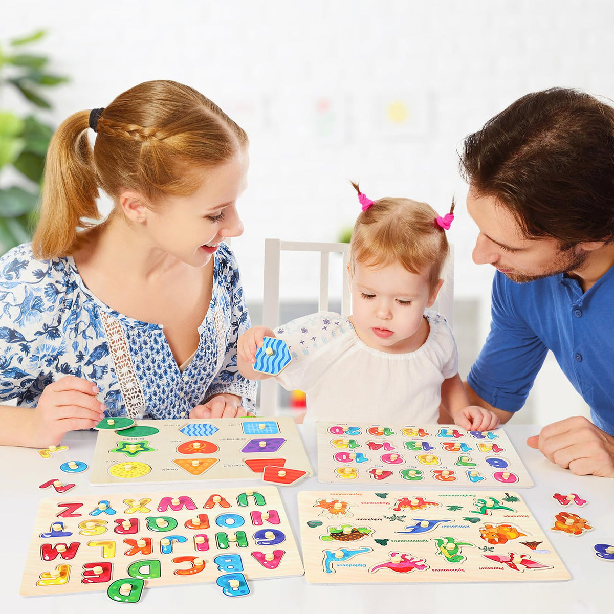 Melofaver Montessori Wooden Peg Puzzles – 4-Piece Toddler Learning Set (Shapes, Alphabet, Numbers, Dinosaur)