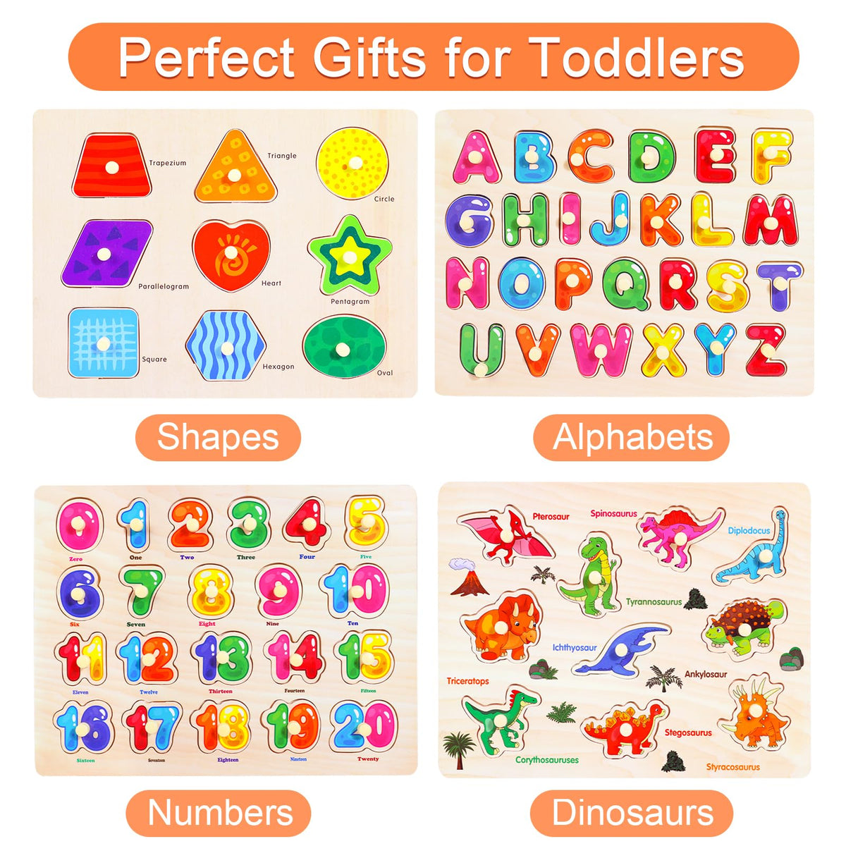 Melofaver Montessori Wooden Peg Puzzles – 4-Piece Toddler Learning Set (Shapes, Alphabet, Numbers, Dinosaur)