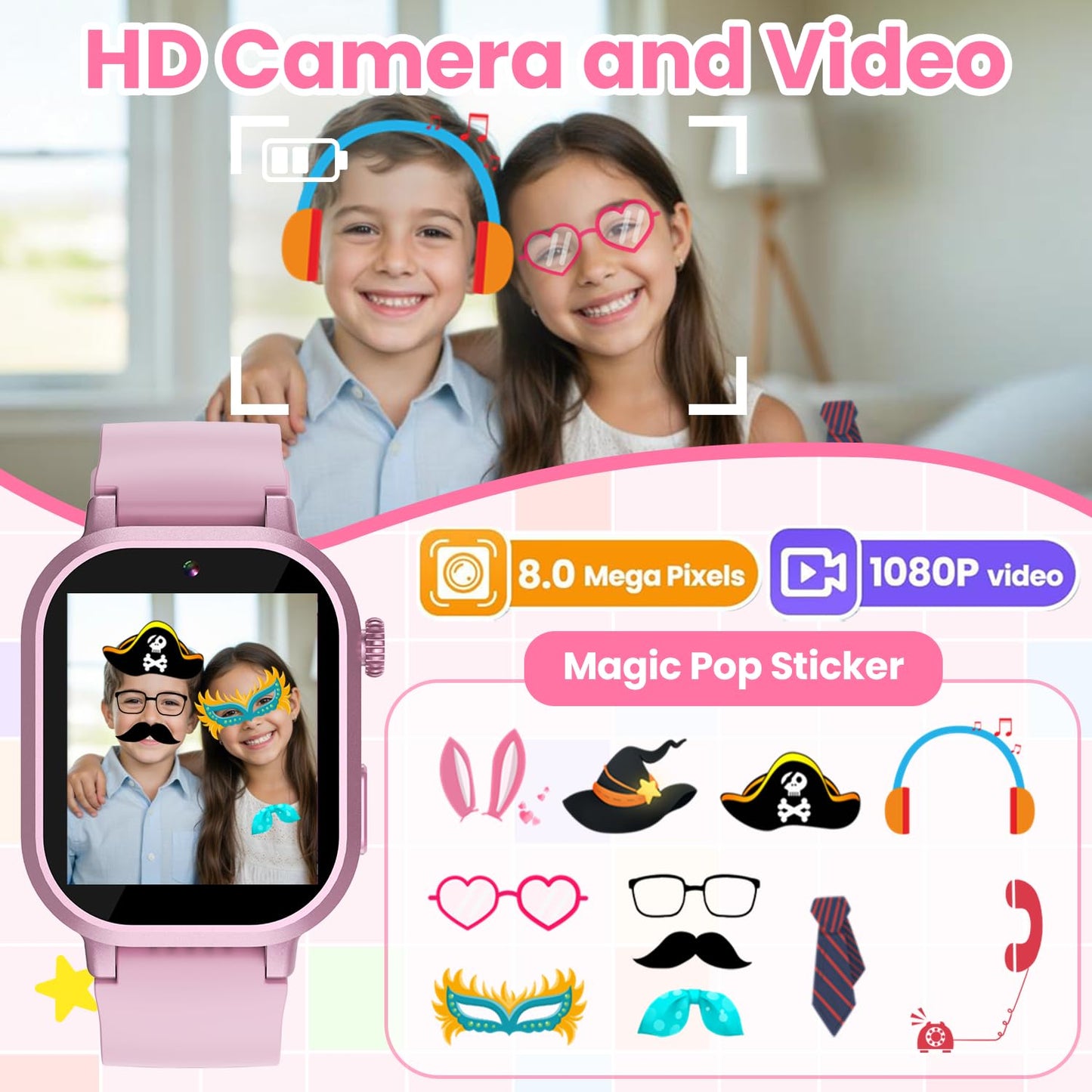 Melontti Waterproof Kids Smart Watch – 39 Games, HD Camera, Habit Tracking (Pink)