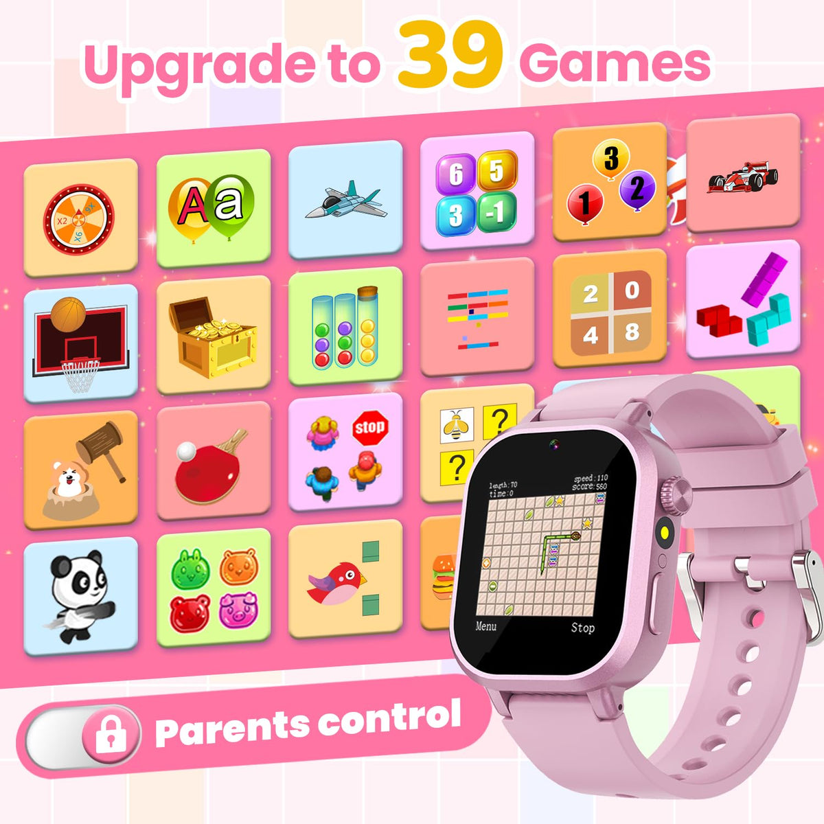Melontti Waterproof Kids Smart Watch – 39 Games, HD Camera, Habit Tracking (Pink)