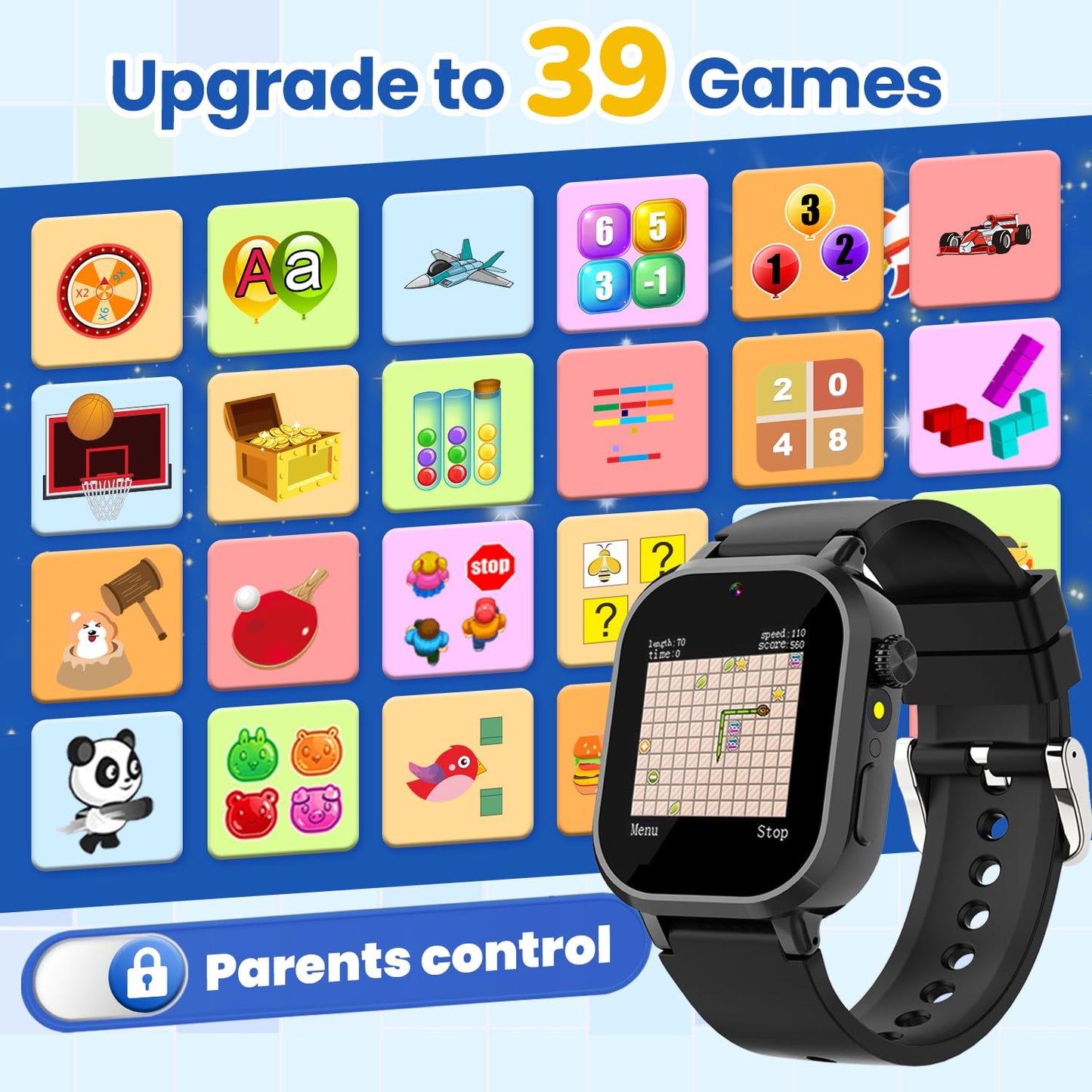 Melontti Waterproof Kids Smart Watch – 39 Games, HD Camera, Habit Tracking