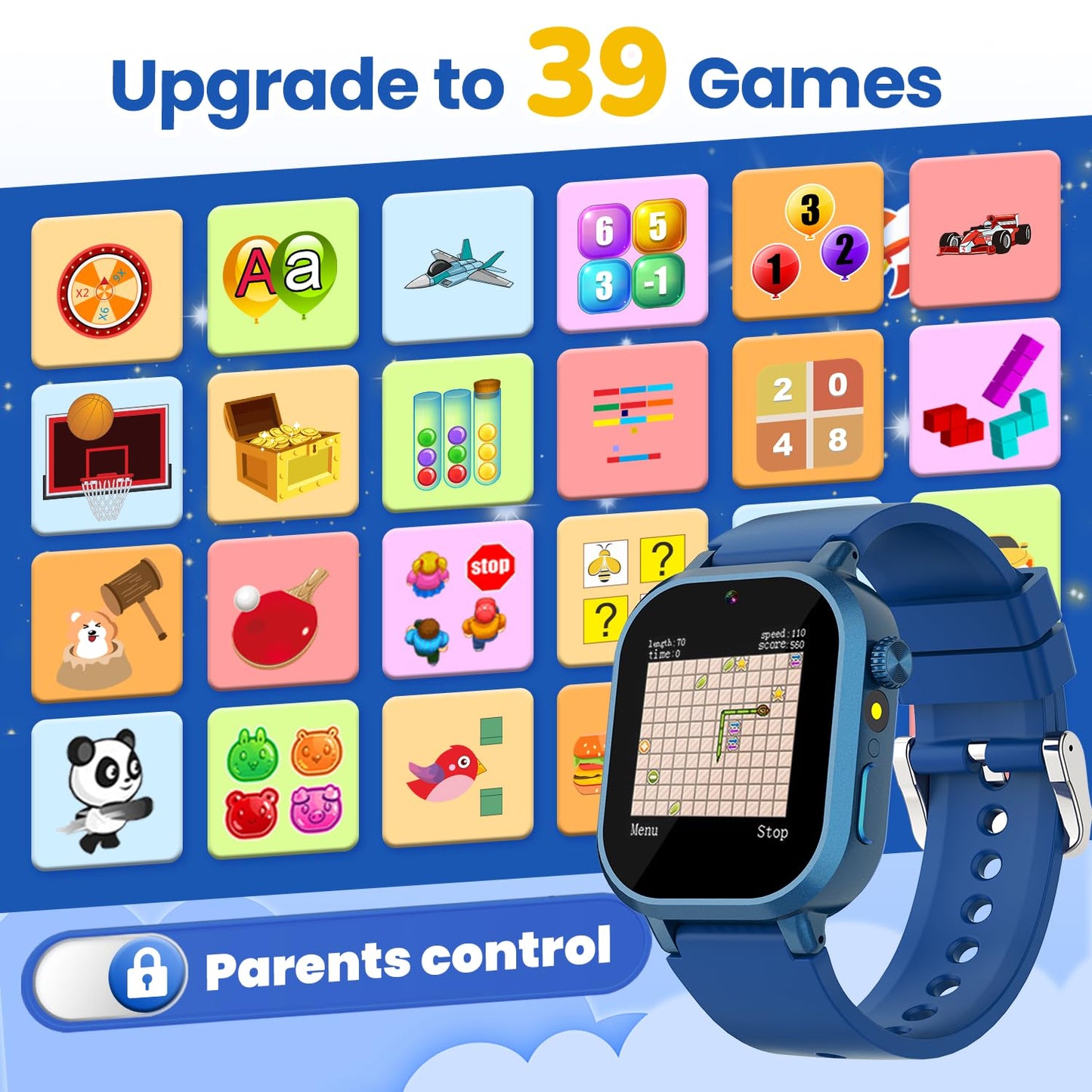 Melontti Waterproof Kids Smart Watch – 39 Games, HD Camera & Pedometer (Blue)