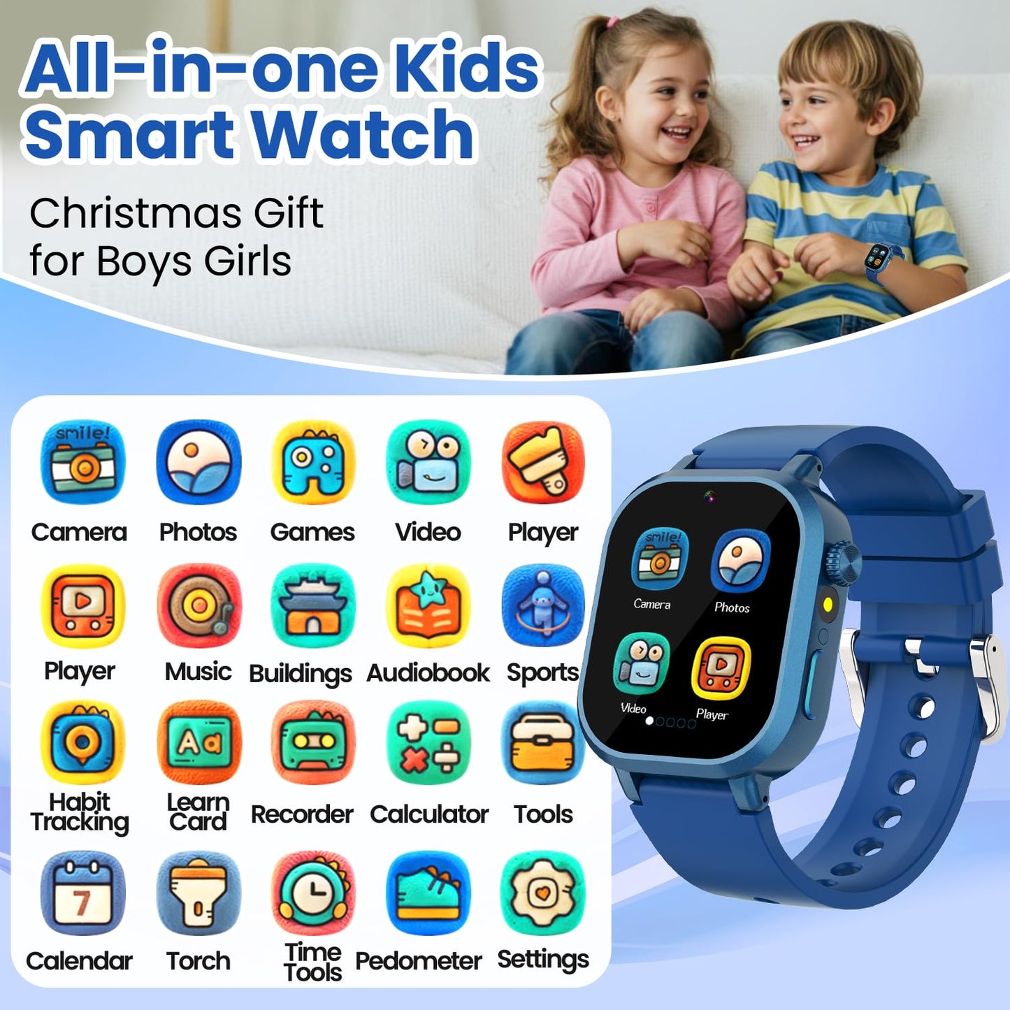 Melontti Waterproof Kids Smart Watch – 39 Games, HD Camera & Pedometer (Blue)
