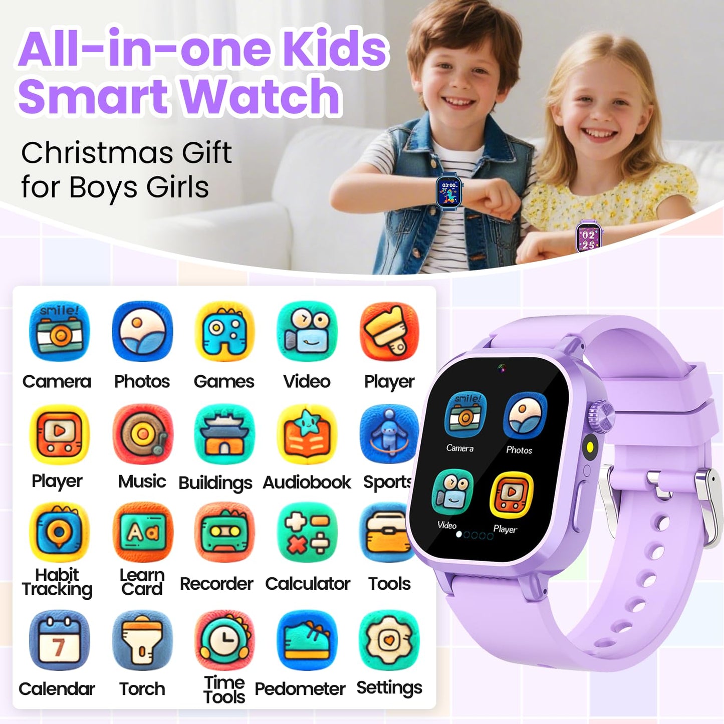 Melontti Waterproof Kids Smart Watch – 39 Games, HD Camera, Habit Tracking | Ages 5-12 (Purple)