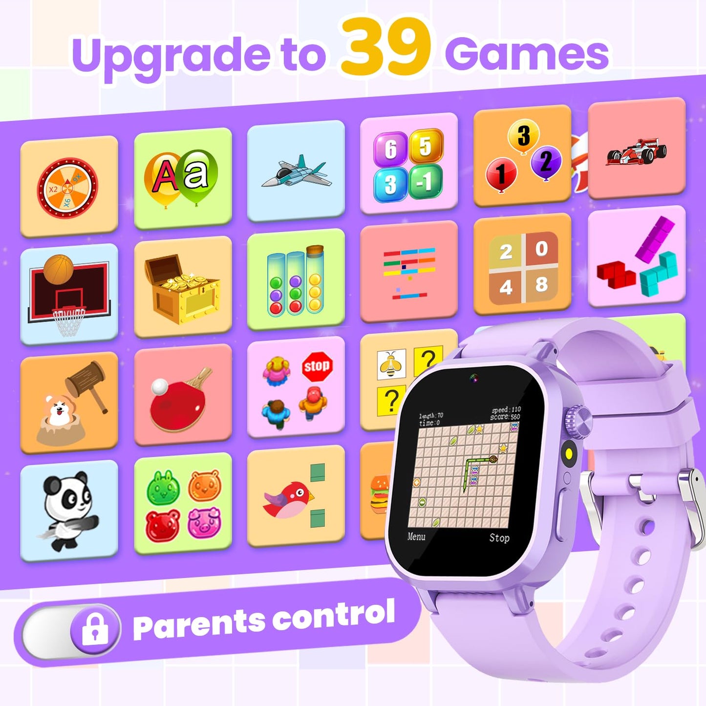 Melontti Waterproof Kids Smart Watch – 39 Games, HD Camera, Habit Tracking | Ages 5-12 (Purple)