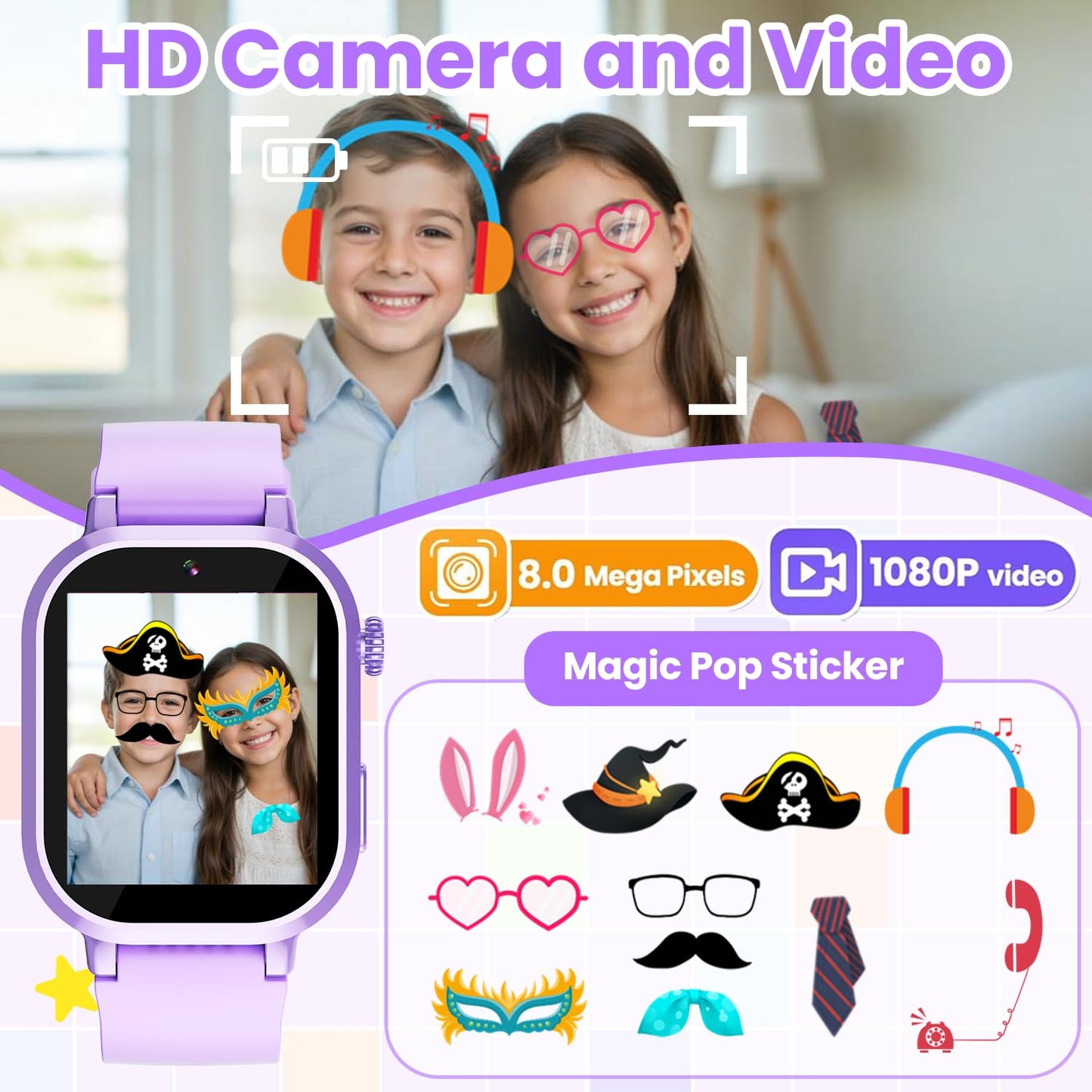 Melontti Waterproof Kids Smart Watch – 39 Games, HD Camera, Habit Tracking | Ages 5-12 (Purple)