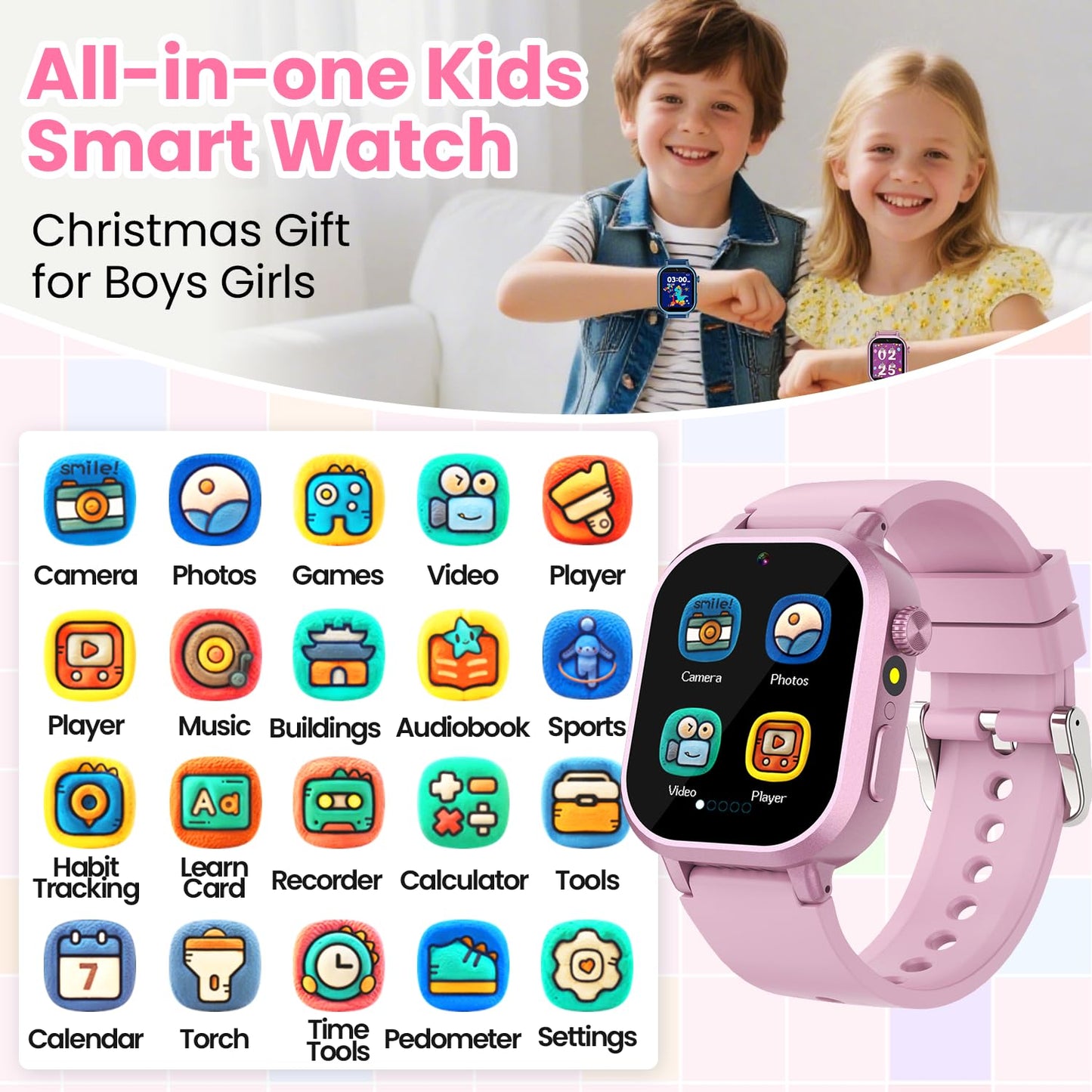 Melontti Waterproof Kids Smart Watch – 39 Games, HD Camera, Habit Tracking (Pink)