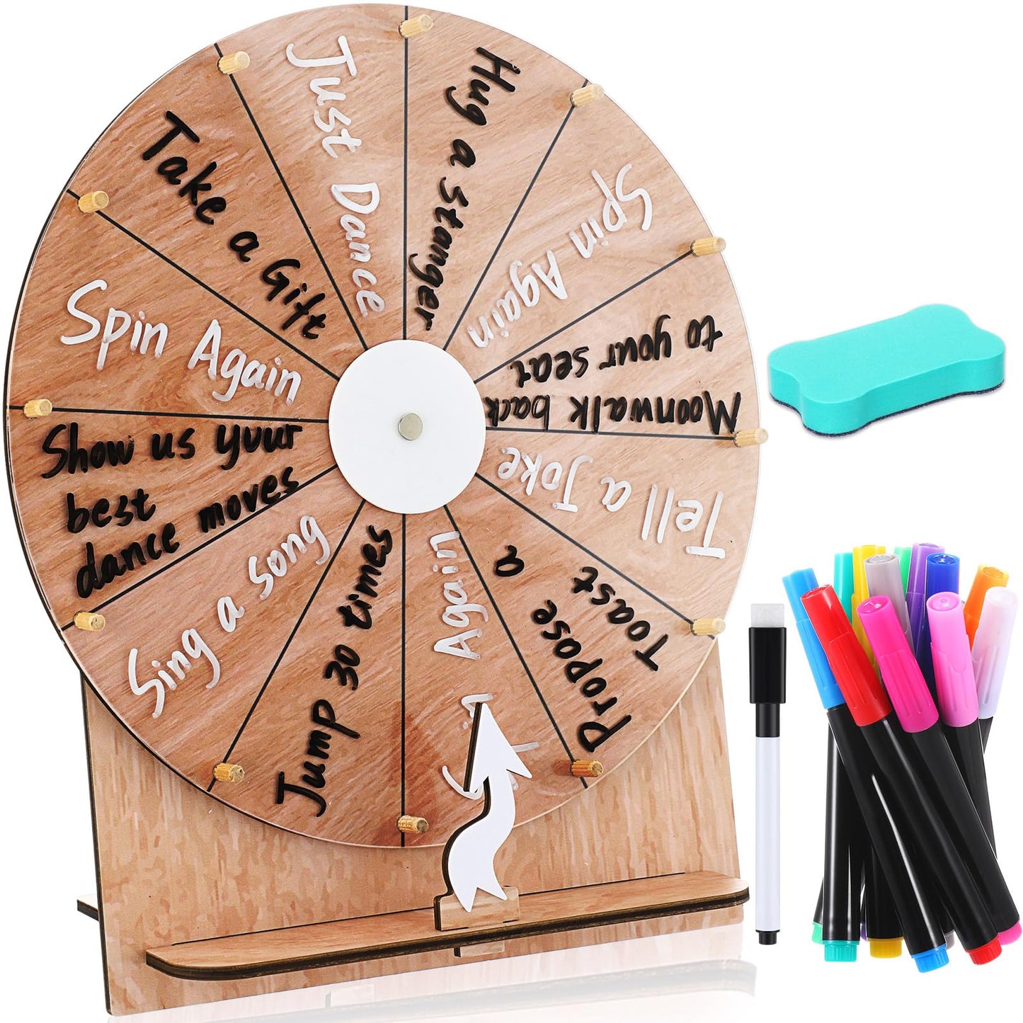 Memorywuu 11.4-Inch Spinning Wheel – Erasable Raffle Spin The Wheel Game with Stand and Arrow (Wood Color)