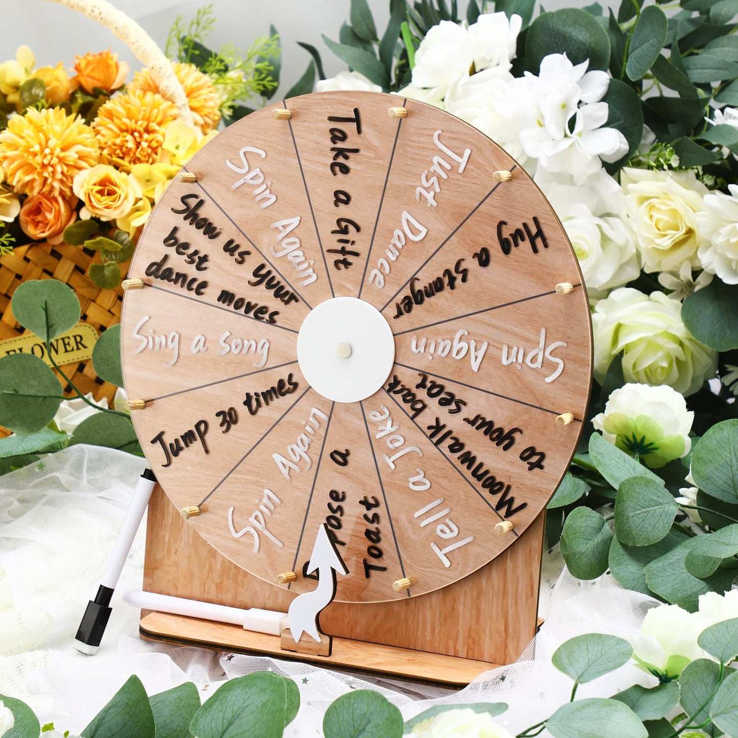 Memorywuu 11.4-Inch Spinning Wheel – Erasable Raffle Spin The Wheel Game with Stand and Arrow (Wood Color)