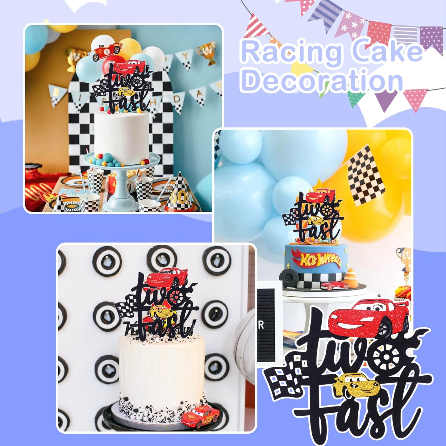 MEMOVAN Two Fast Race Car Cake Topper – 2nd Birthday Party Decoration, Double-Sided