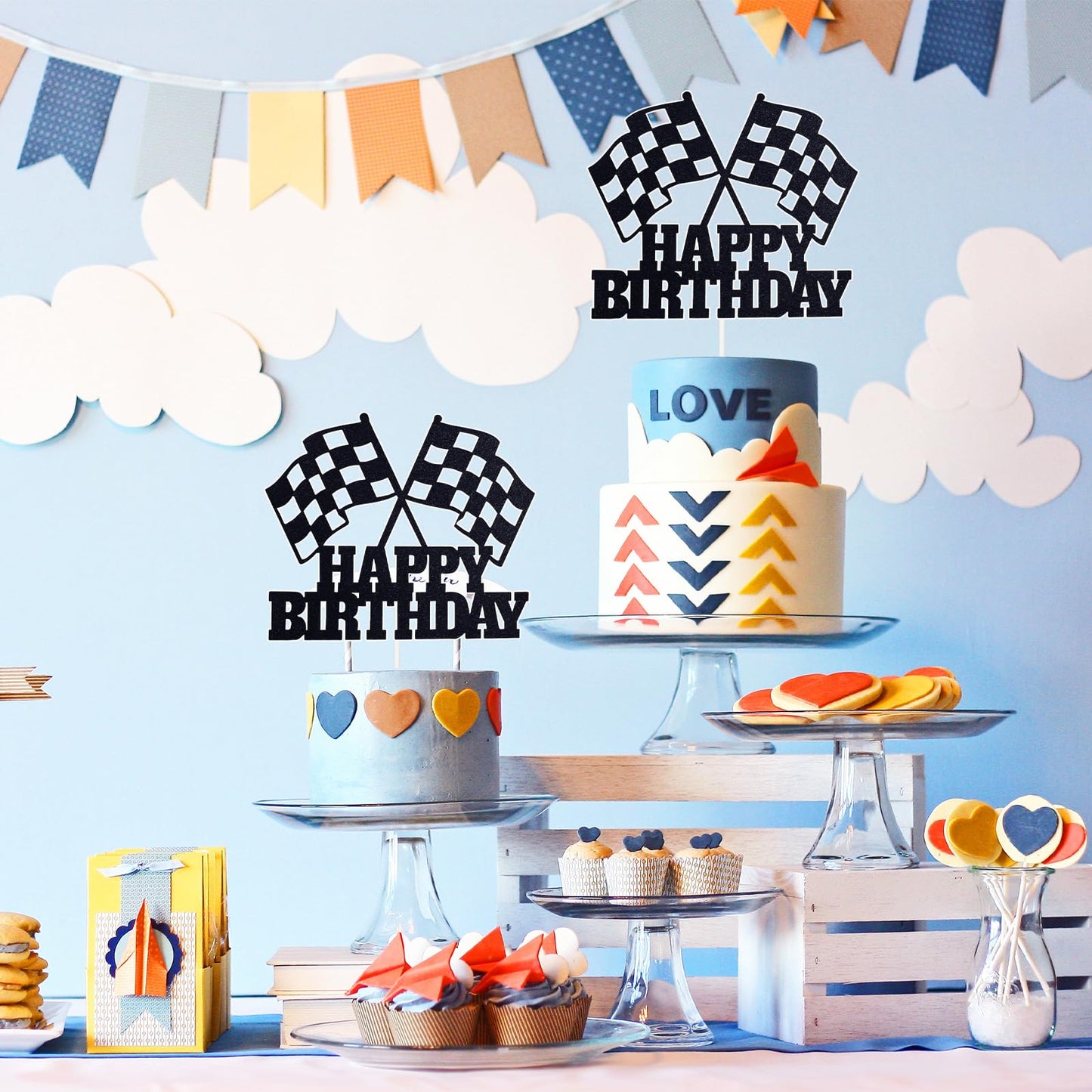 MEMOVAN Racing Car Cake Topper – Checkered Flag Birthday Decor for Boys & Girls