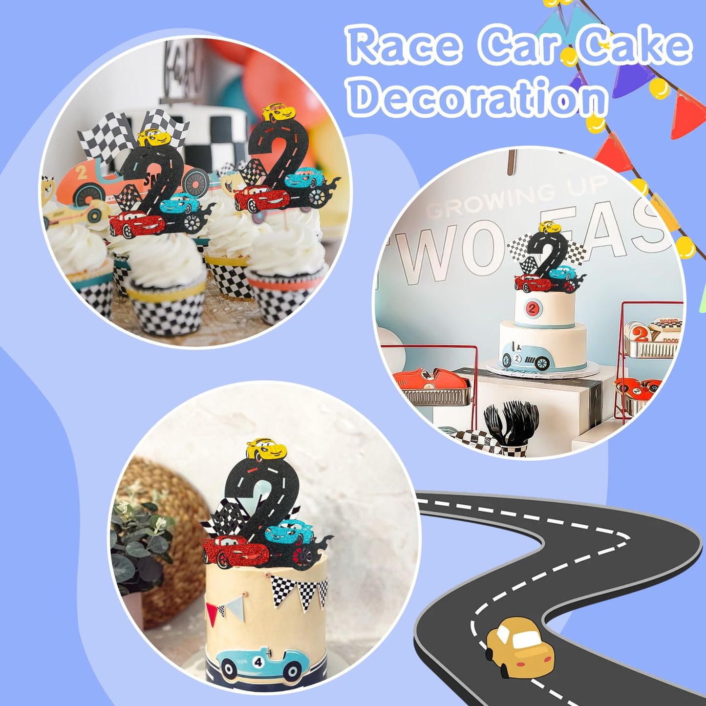 MEMOVAN Race Car 2nd Birthday Cake Topper | Checkered Flag Theme, Double-Sided