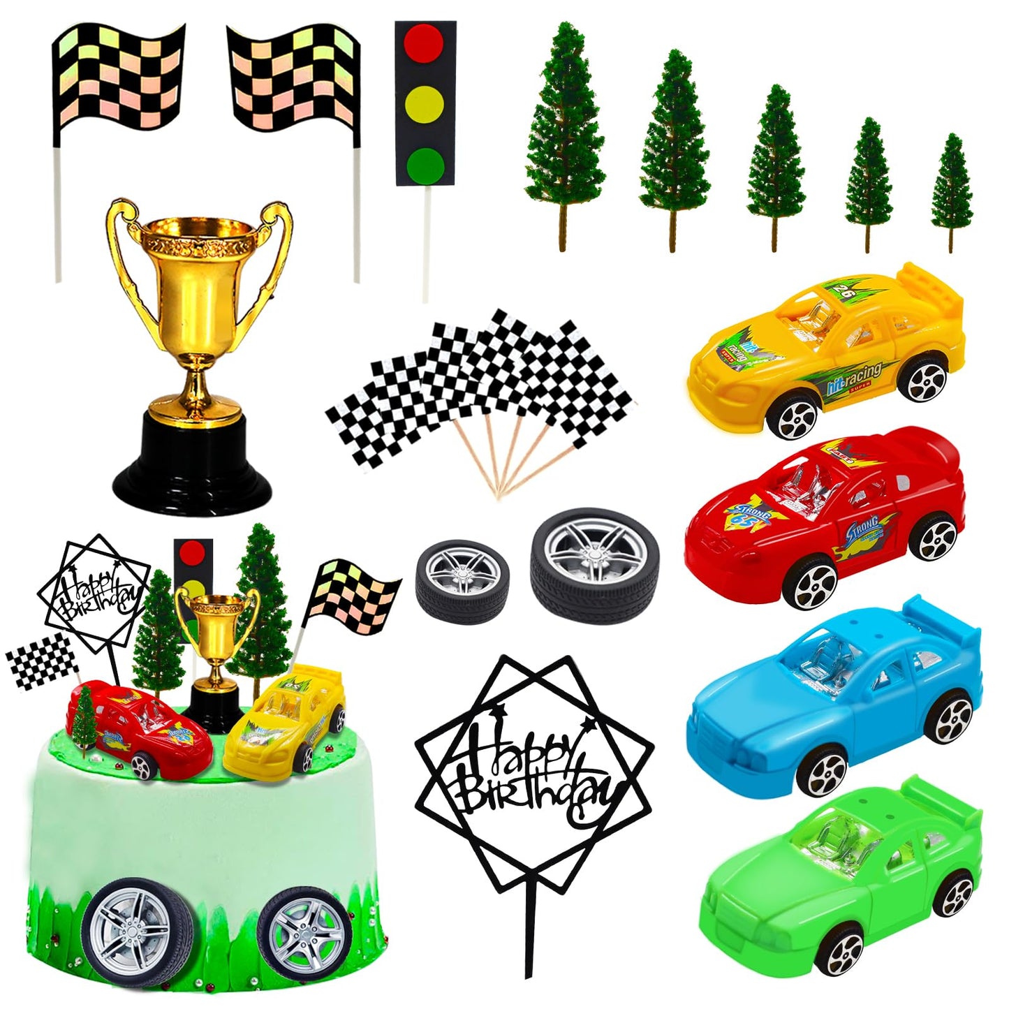 MEMOVAN Racing Car Cake Decorations – 38pcs Birthday Topper Set
