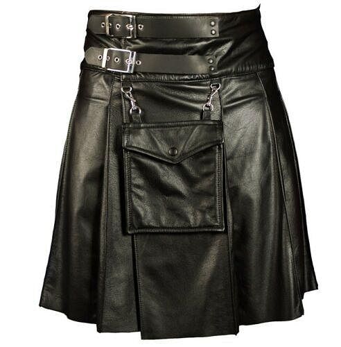 Men Black Cowhide Leather kilt Utility