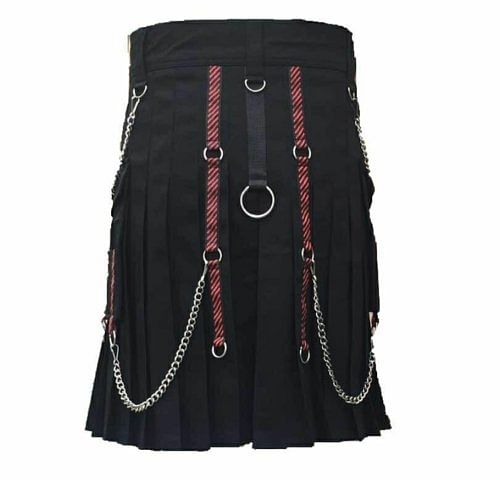 Men Scottish Black two Tone Fashion Chain Utility Kilt drilled Cotton