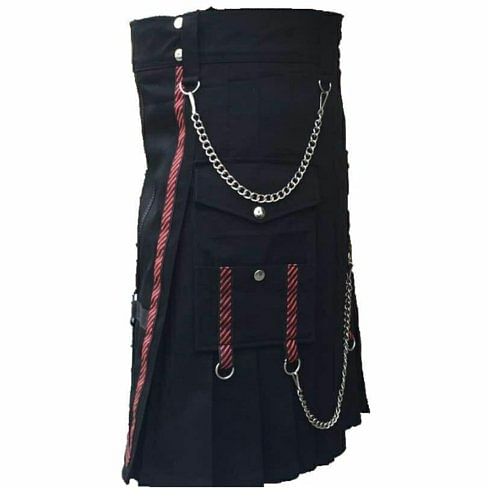 Men Scottish Black two Tone Fashion Chain Utility Kilt drilled Cotton