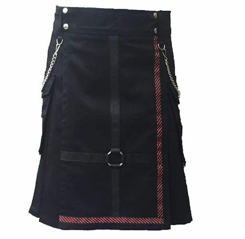 Men Scottish Black two Tone Fashion Chain Utility Kilt drilled Cotton