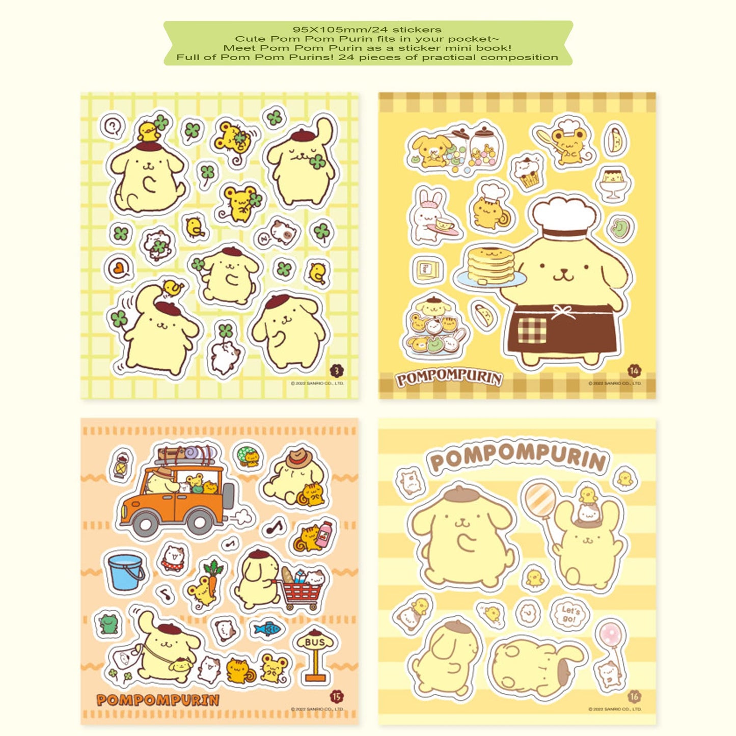 MENBLY Pompompurin Sticker Minibook – 24 Unique Stickers, 9.5 x 10.5 cm | Scrapbooking & Decor