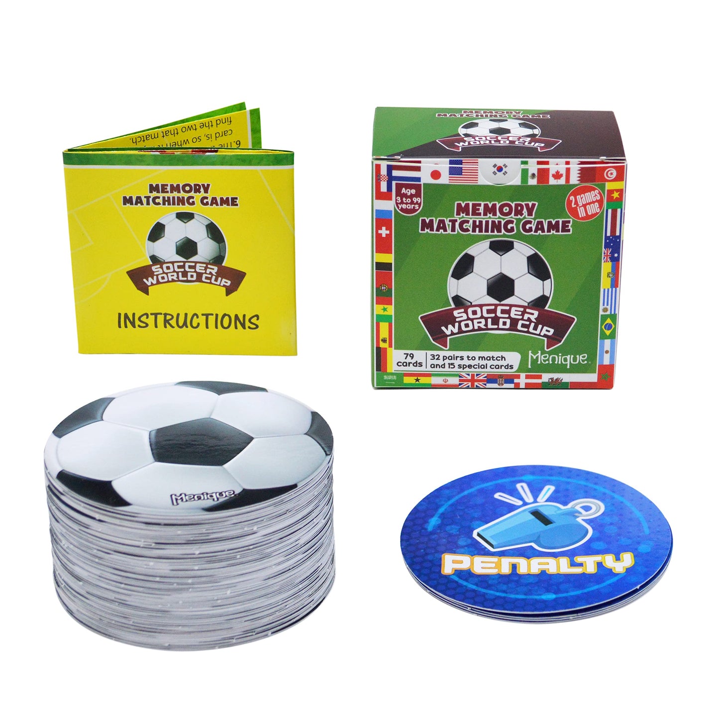 Menique World Cup Memory Matching Game – 79 Cards (Flags + Penalty Challenge) – Bilingual English/Spanish