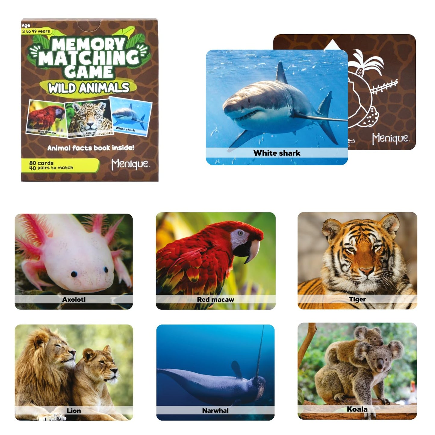 Menique Wild Animals Memory Matching Game – 80 Cards, Real Photos, Educational Booklet