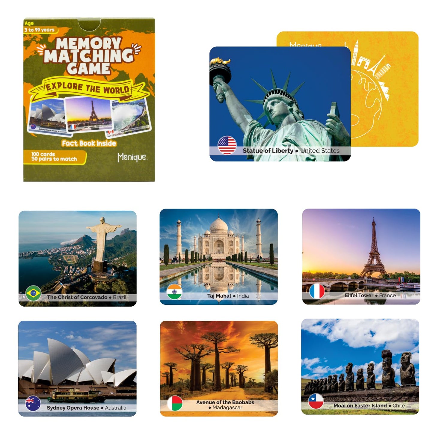 Menique Explore The World Memory Matching Game – 100 Cards, 50 Landmark Pairs