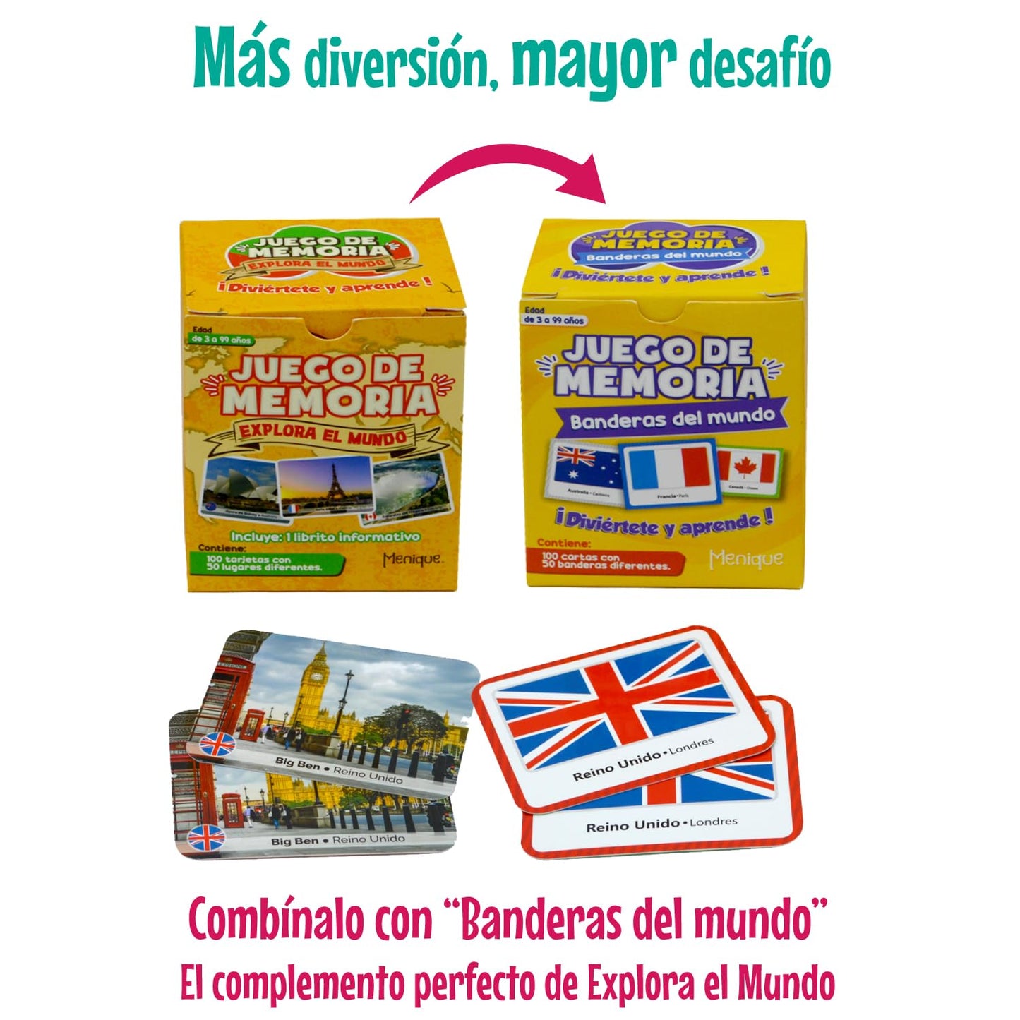 Menique Explore The World Memory Matching Game – Spanish Edition, 100 Cards (50 Pairs) with Iconic Landmarks, Country & Flag