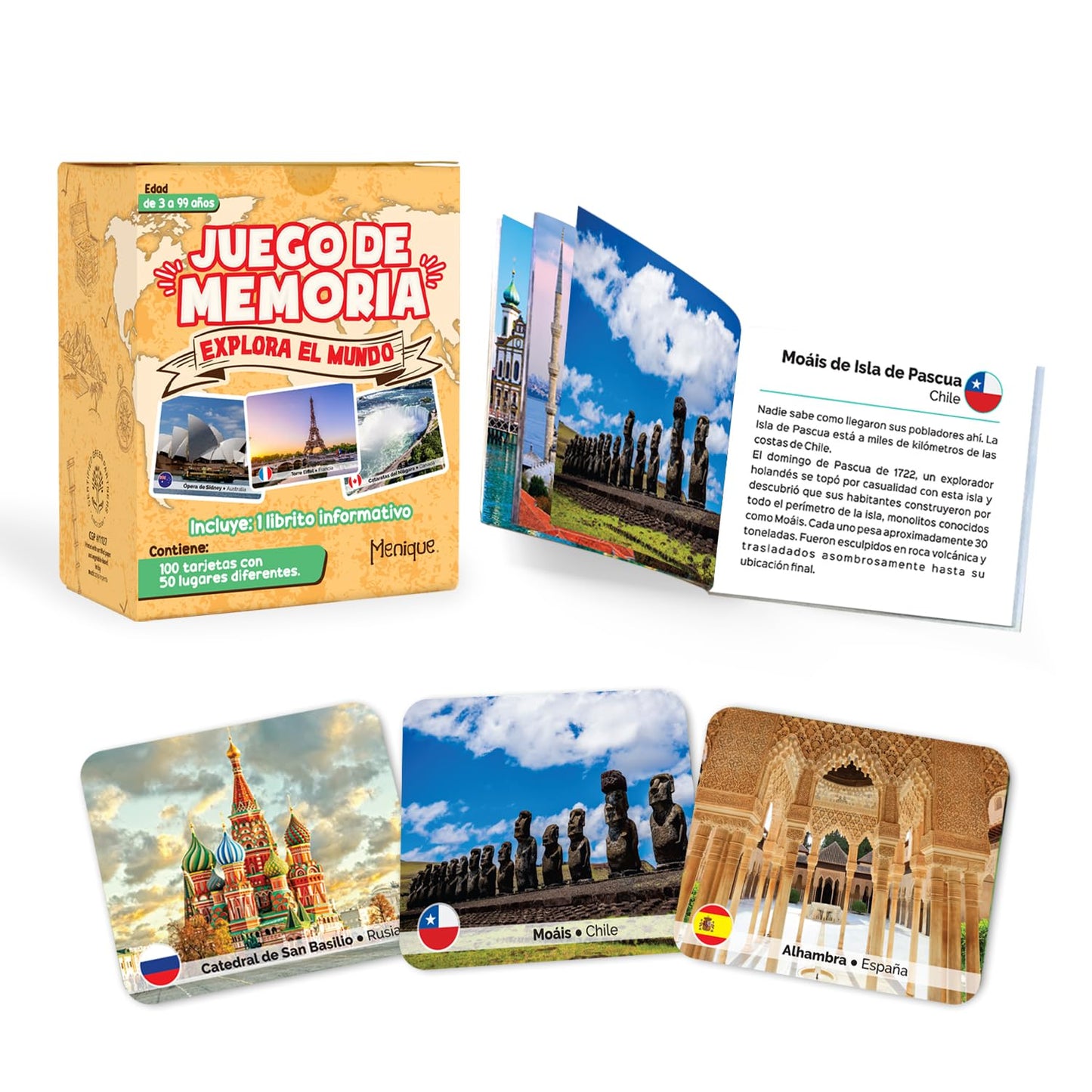 Menique Explore The World Memory Matching Game – Spanish Edition, 100 Cards (50 Pairs) with Iconic Landmarks, Country & Flag