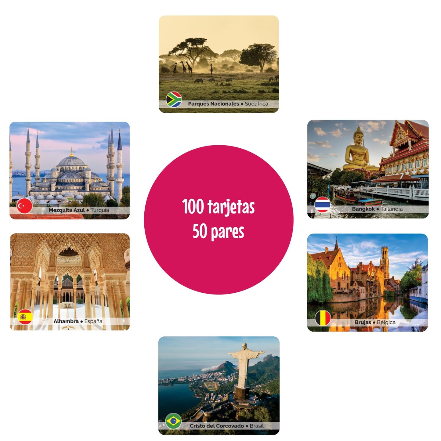 Menique Explore The World Memory Matching Game – Spanish Edition, 100 Cards (50 Pairs) with Iconic Landmarks, Country & Flag