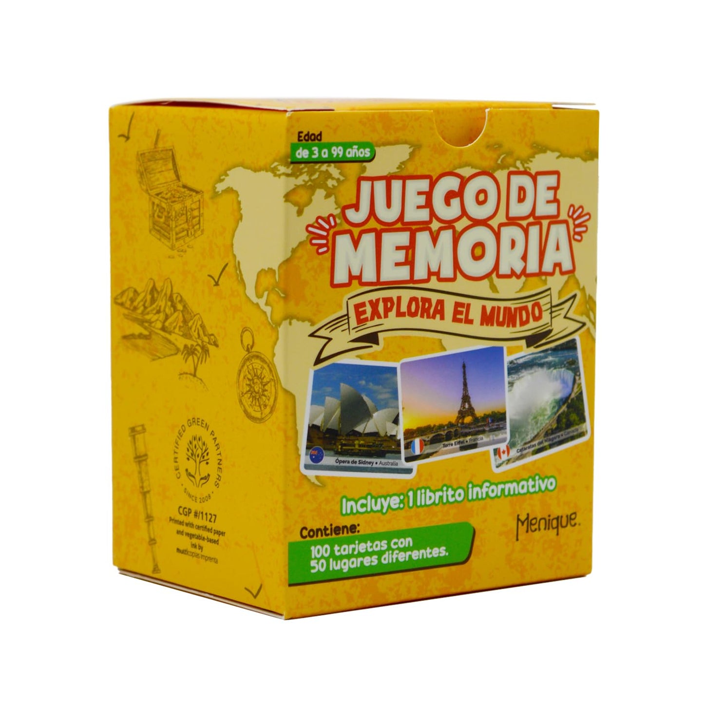 Menique Explore The World Memory Matching Game – Spanish Edition, 100 Cards (50 Pairs) with Iconic Landmarks, Country & Flag