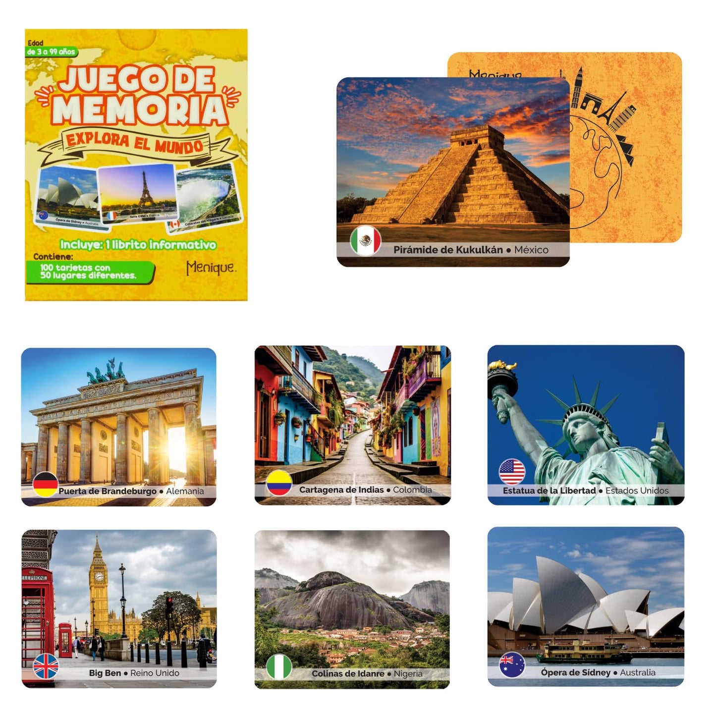Menique Explore The World Memory Matching Game – Spanish Edition, 100 Cards (50 Pairs) with Iconic Landmarks, Country & Flag